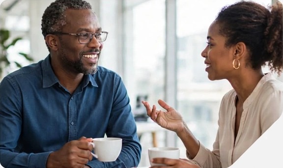 Two colleagues in conversation over coffee
